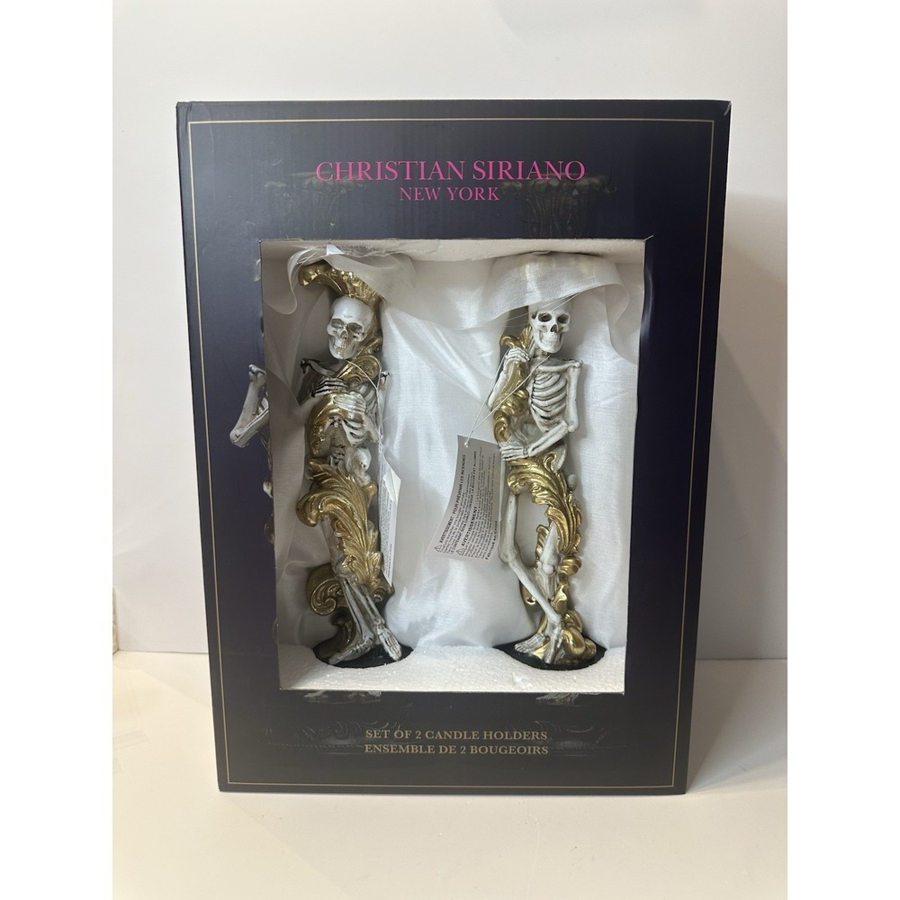 Christian Siriano Gold Skeleton Candlestick Holders Pair Halloween NEW IN BOX